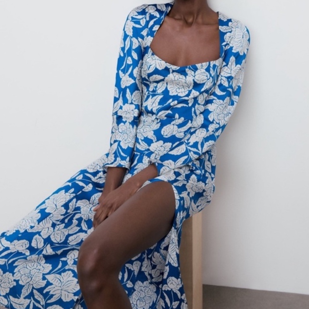Zara Dress with Leg Slit - Blue and white Floral square neck - Large